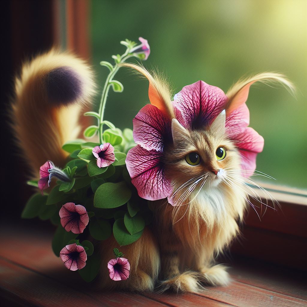 Catunia - A hybrid between a cat and a flower.  AI art by Melanie Anne Phillips