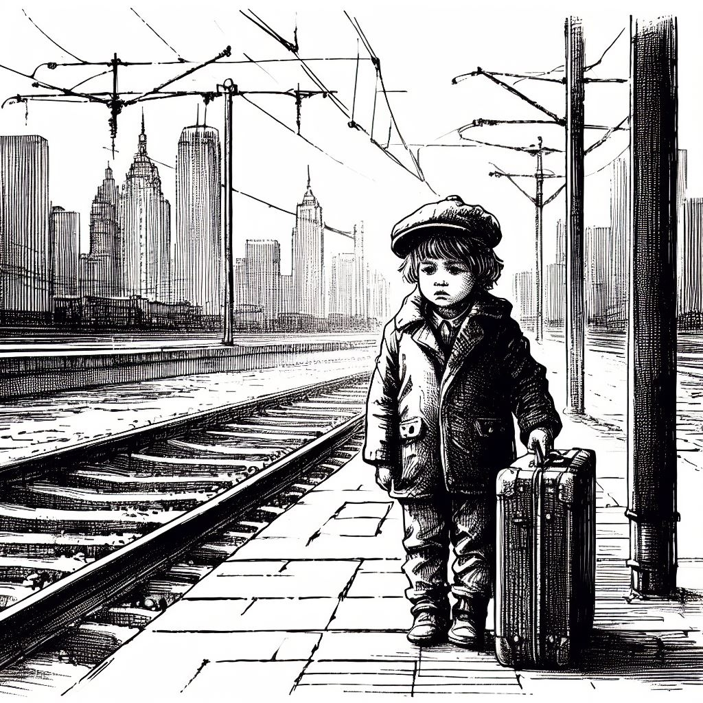 Abandoned - A small boy with a suitcase alone in the big city - AI Art by Melanie Anne Phillips