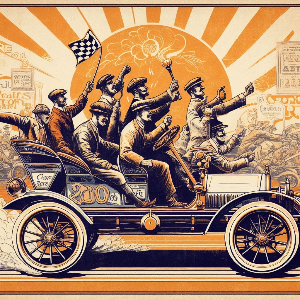1920's Car Race in the Style of Peter Max - AI Art by Melanie Anne Phillips