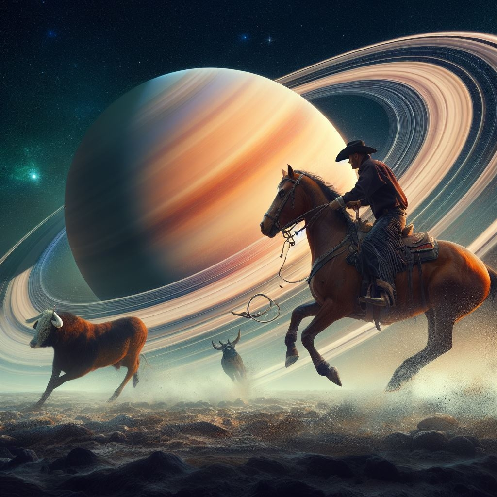 High Plains Roundup - A space cowboy wrangles in the herd from the Outer Rings.  AI Art by Melanie Anne Phillips