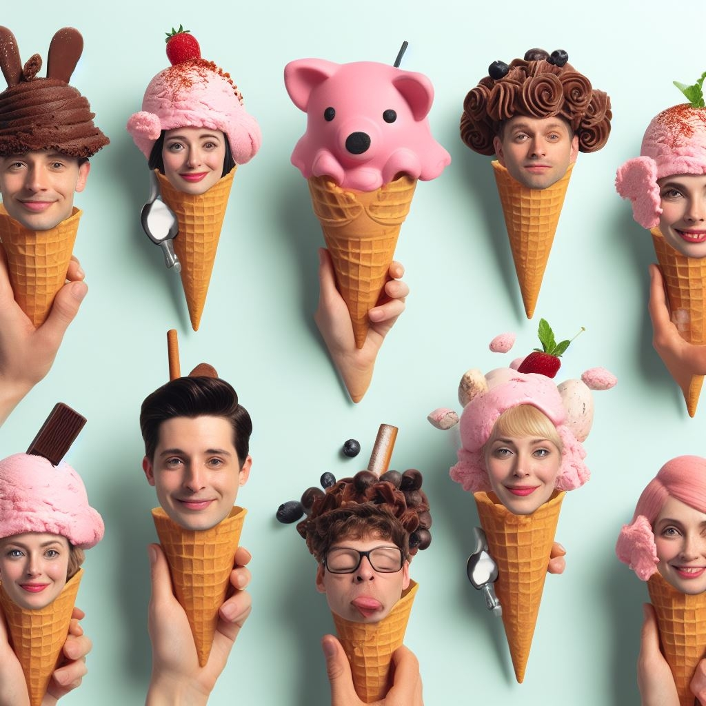 We All Scream - Heads of people on ice cream cones.  AI Art by Melanie Anne Phillips