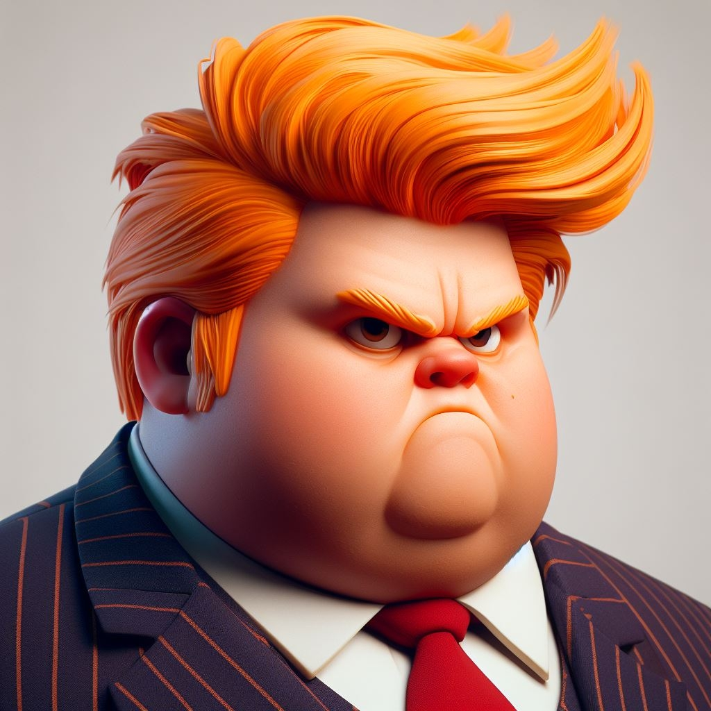 This Guy Looks Familiar - Rendered in AI with the prompt, "An angry, fat man with orange hair in a business suit."  AI Art by Melanie Anne Phillips