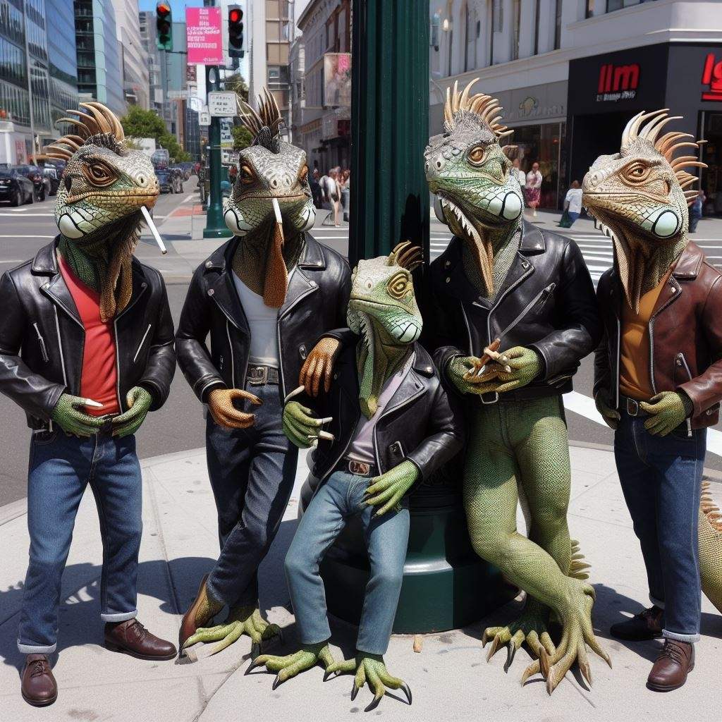 Wet Side Story - Gang of reptiles hanging out on the street corner.  Just something that came to mind so I had to render it. AI Art by Melanie Anne Phillips