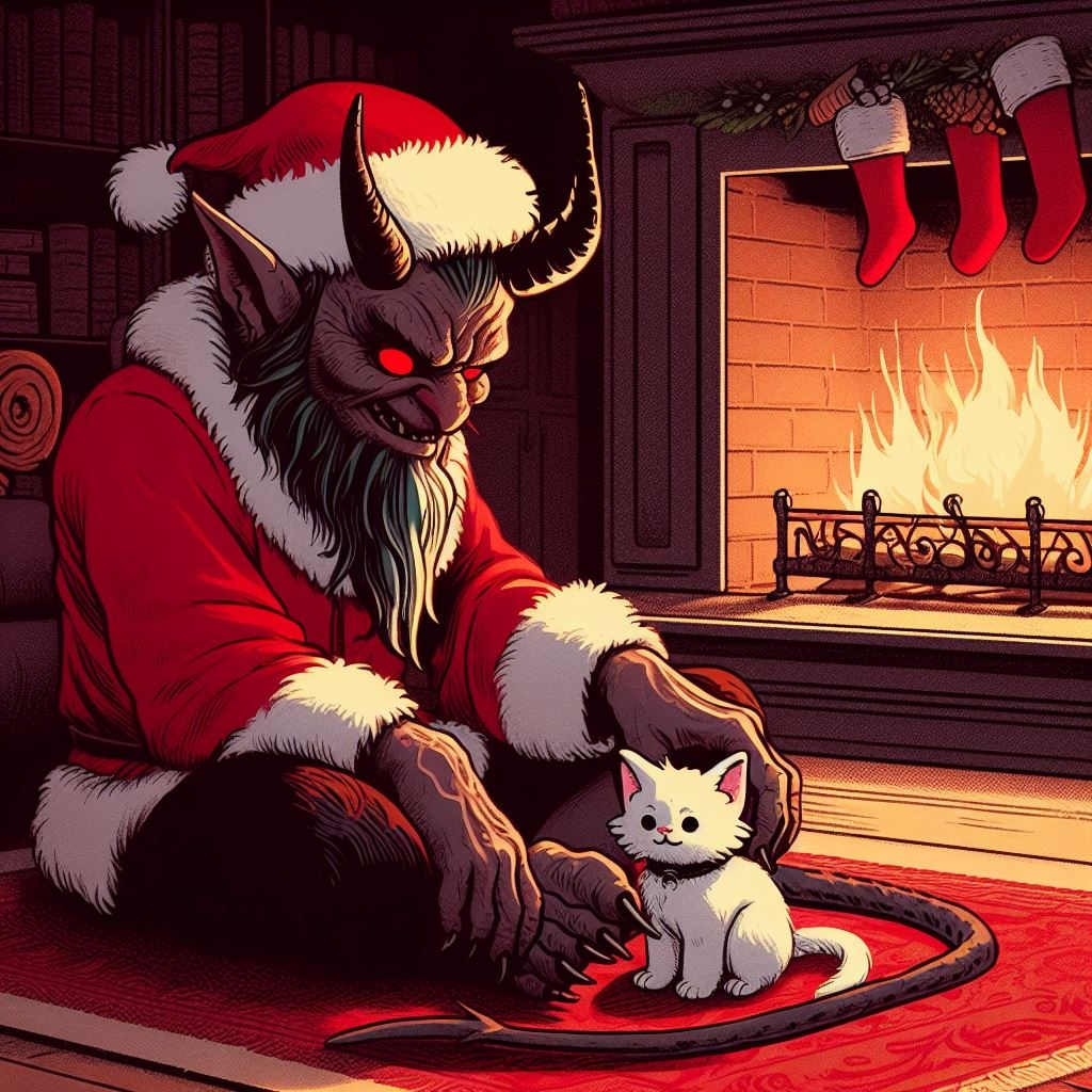 Krampus with a Kitten - AI Art by Melanie Anne Phillips