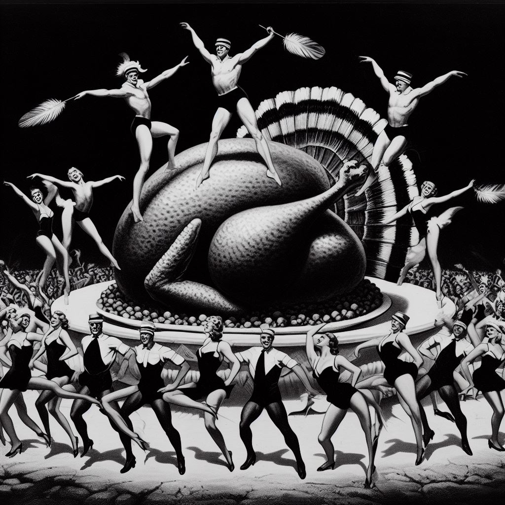 Celebrate Thanksgiving with a Busby Berkeley style Turkey Extravaganza!  Courtesy of me and AI.