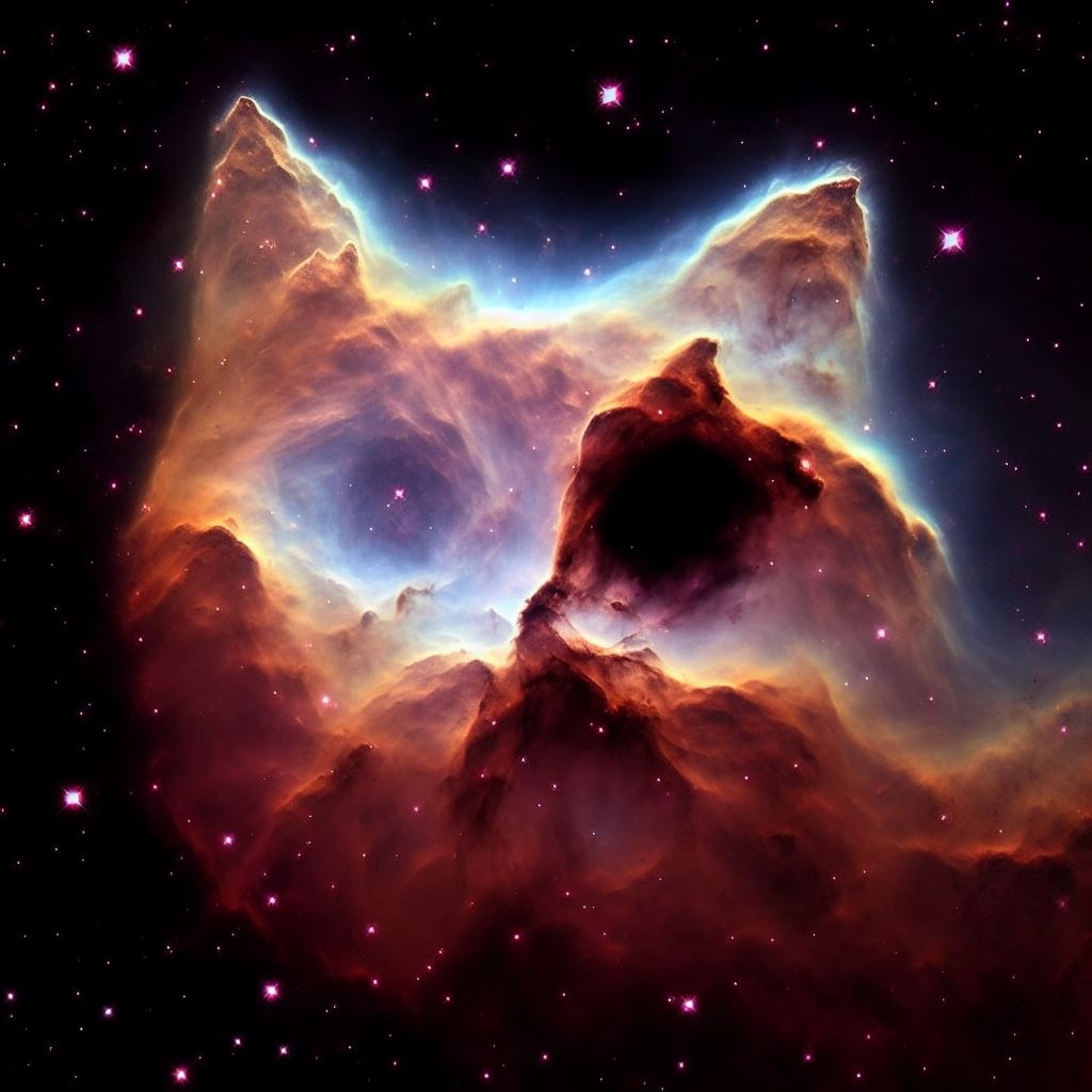 Playing peek-a-boo with the universe.  Another of the better renderings of my cat nebula concept.  AI Art by Melanie Anne Phillips