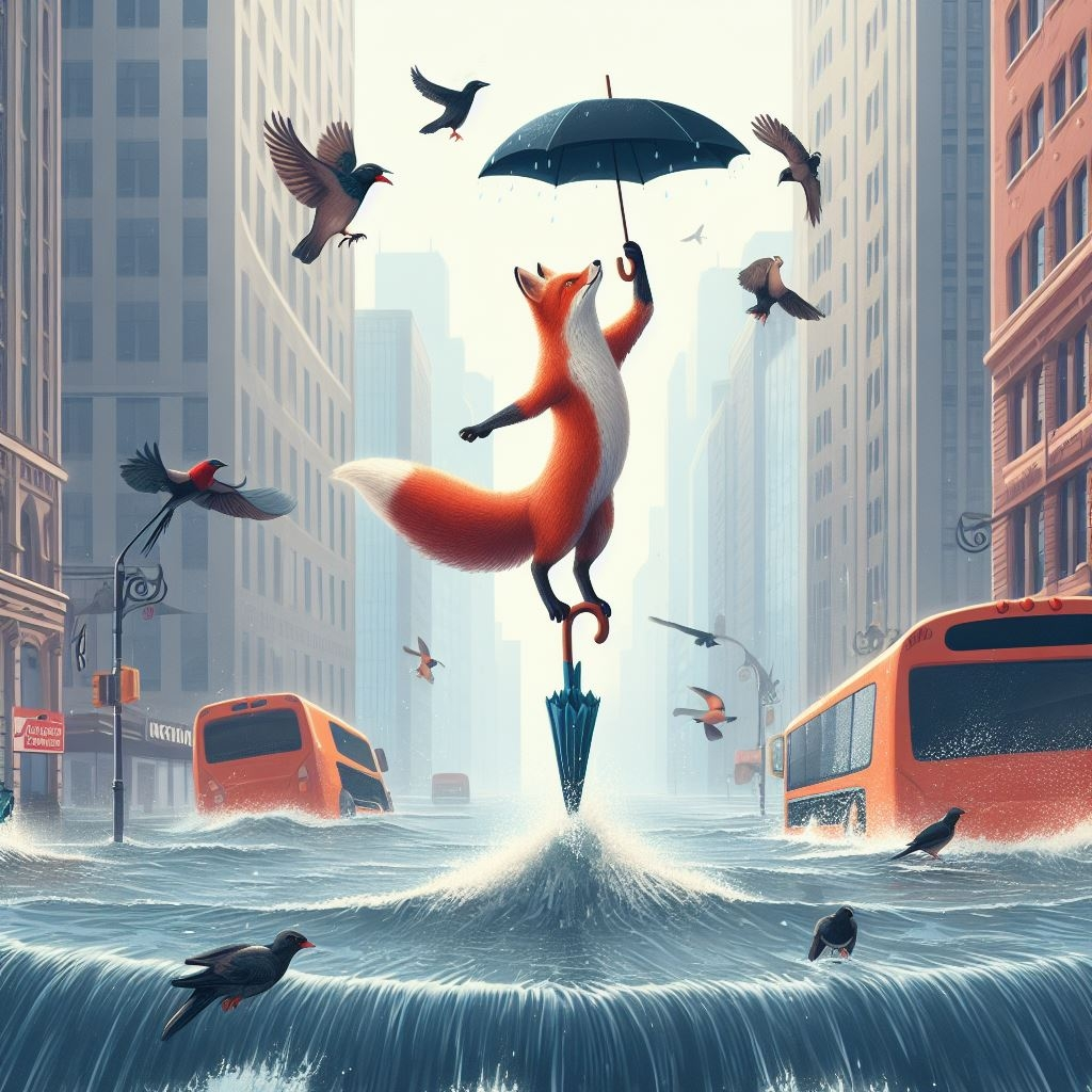 Dancing in the Rain - An image in the style of an animated feature for a story that doesn't exist.  AI Art by Melanie Anne Phillips